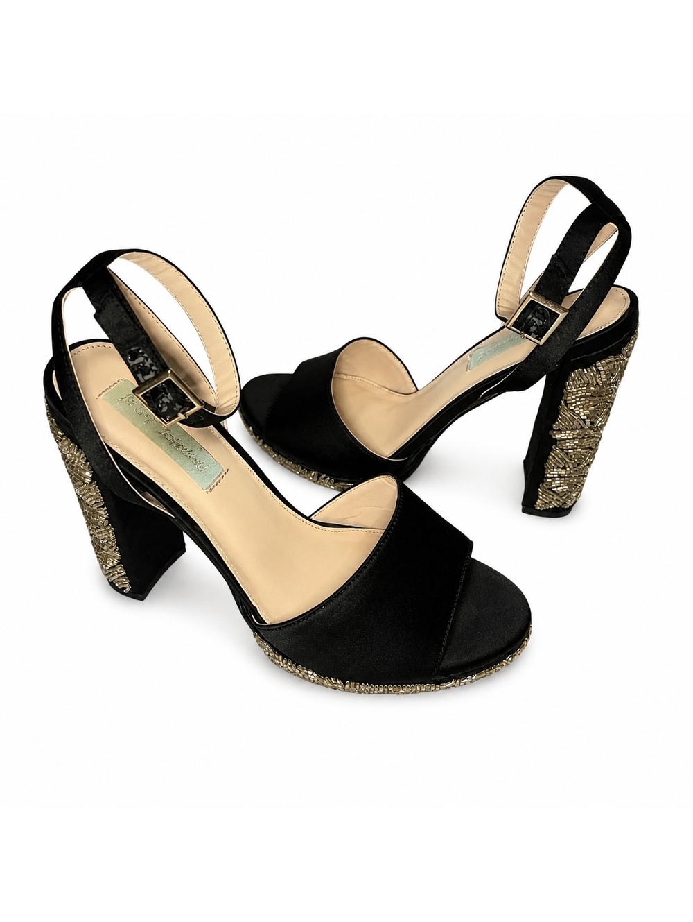 Betsey Johnson Black Satin Embellished Block Heel Sandals Size 8.5